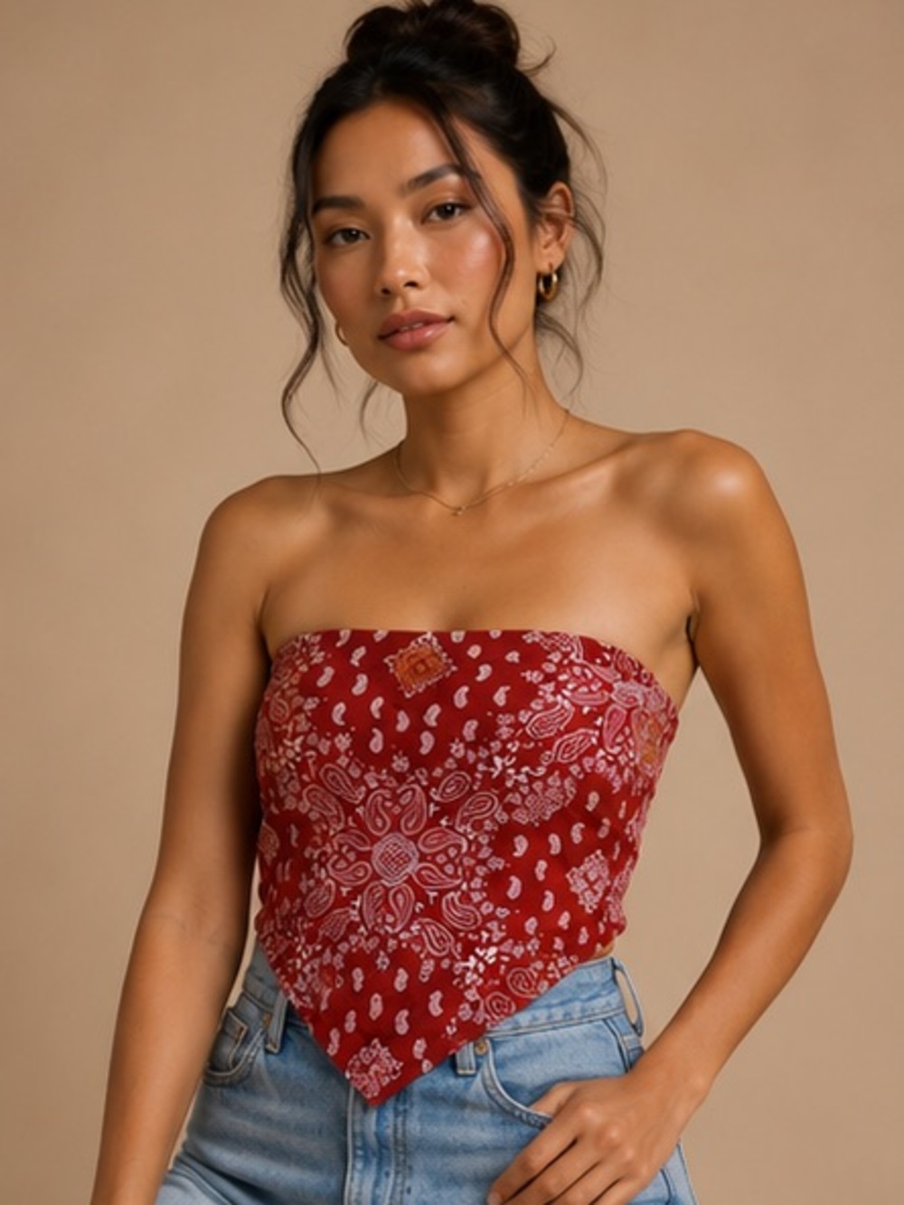 Hollister Red Paisley Bandana Strapless Pointed-Hem Crop Top